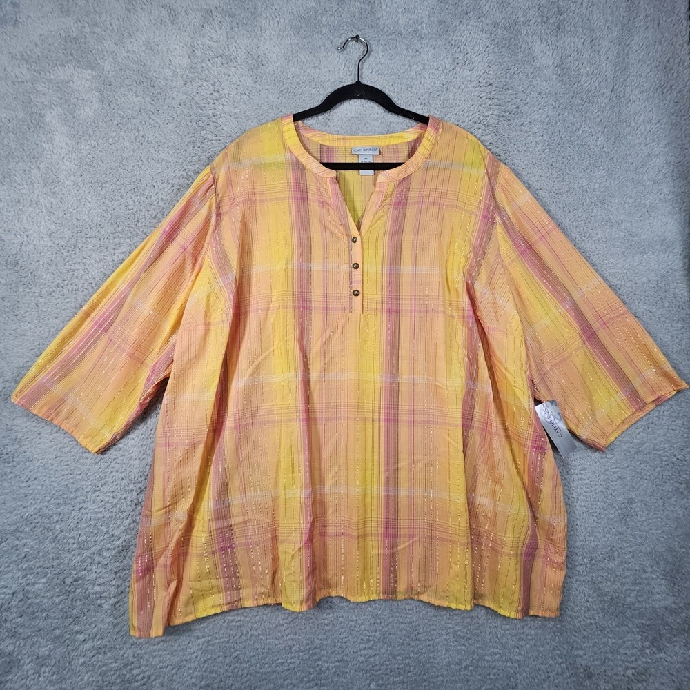 Catherines Top Women 4X Plaid Metallic Gauzy Beachy Coastal Boho Vacation Cruise